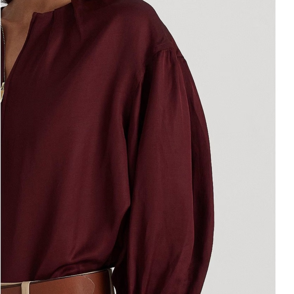 Ralph Lauren Shantung Blouson Sleeve Round Neck Quarter Zip Blouse Gold Zipper - Picture 7 of 8